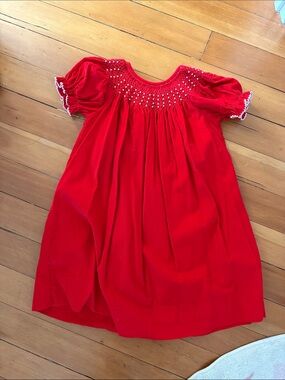 Classic Red Smocked Short-Sleeve Girls' Dress